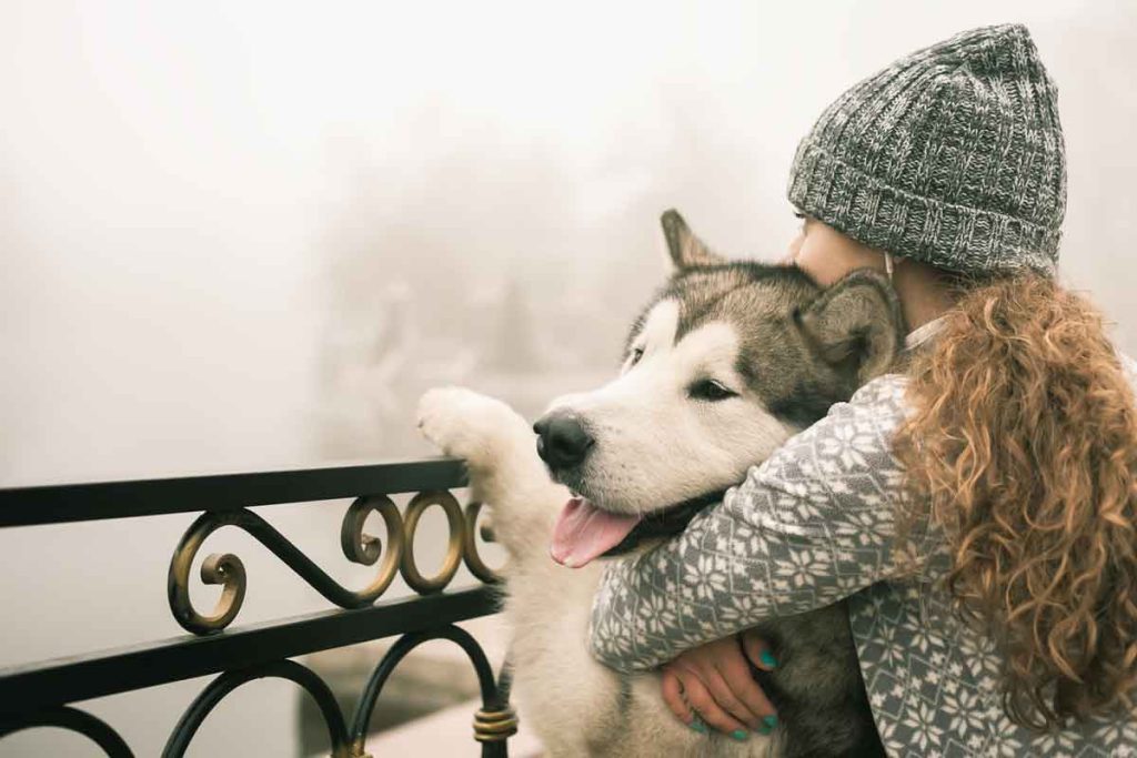 A woman is hugging her husky dog outside on a foggy fall day.